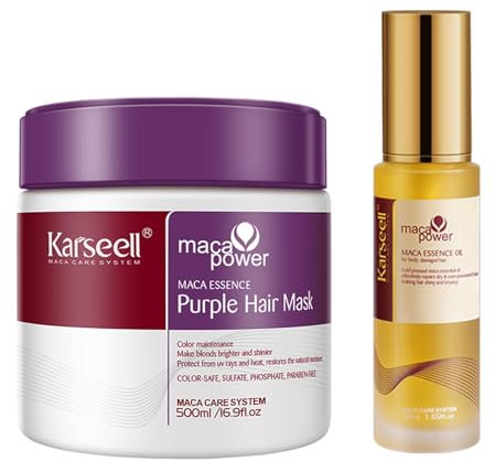 Karseell Viola Maschera Capelli e Maca Essenza Olio Capelli Neutralizza Il Tono dell'Ottone per Capelli Biondi, Platino, Bianchi o Grigi, 50ml + 500ml