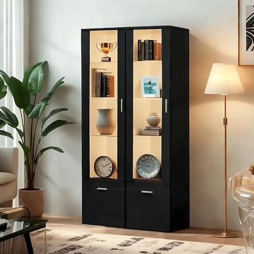 Joiemebi Vitrine LED avec Porte et Etagères en Verre, Lumières Armoire à Meuble de Rangement pour Salon Bureau, 42 x 30 x 160 cm (2, Noir)