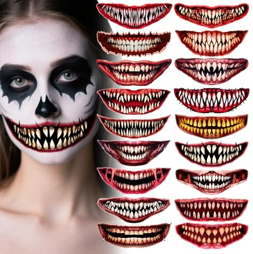18 Fogli Tatuaggio Bocca Halloween, Halloween Tatuaggi Temporanei, Tatuaggi Halloween Per Viso Bocca, Halloween Horror Tatuaggio, Tatuaggi Temporanei Bocca per Halloween Carnevale Cosplay