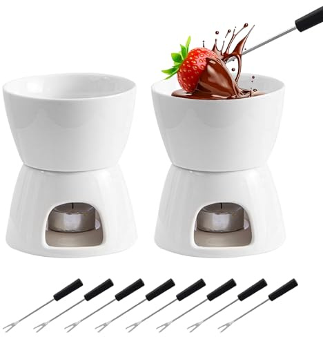 Ysislybin Juego de 2 Set Fondue de Chocolate, Tazas de Fondue de Chocolate de Cerámica con 8 Tenedores 400ML Mini Calentador de Cerámica para Chocolate Queso Helado Mantequilla (Velas No Incluidas)