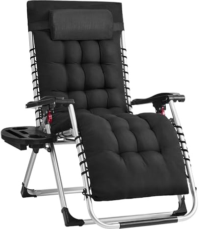SONGMICS Sonnenliege klappbar, Liegestuhl, Kissen abnehmbar, Gartenstuhl Stahlgestell, Relaxliege bis 110 kg belastbar, Kopfkissen verstellbar, Tasche, Tablett, für Balkon, schwarz GLB040BZ02