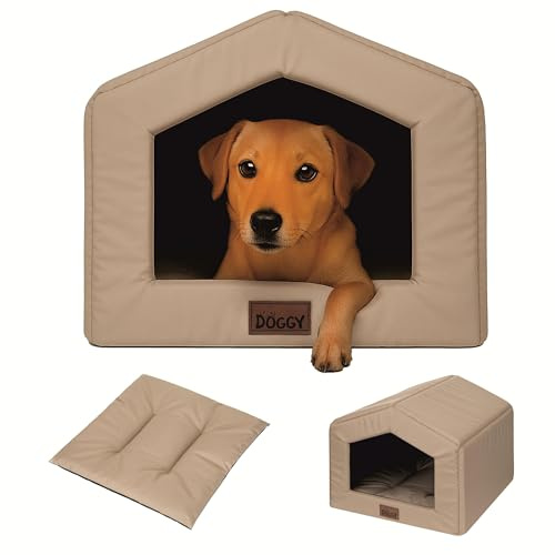 PillowPrim Hundehütte Katzenhaus mit Abnehmbarem Kissen - Wasserdicht Wetterfester - Haustierhaus Warmes Und Gemütliches - Hundebett mit Dach - 45x49 cm - Beige