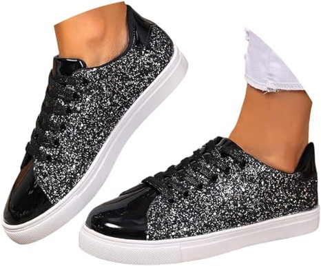 EQWIGKEIT Zapatos con purpurina para mujer, planos, transpirables, para el tiempo libre, zapatillas clásicas, para correr, con lentejuelas, para fiestas, ligeras, brillantes, A14 negro, 39 EU