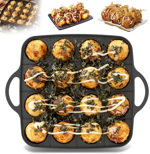 ZEJEXXB Takoyaki Pan Premium Cast Iron 16-Hole Biscuit Pan Nonstick Meat Balls Mold with 2 Handle Multipurpose Baking Tray Octopus Ball Maker for Pancake Balls and Takoyaki