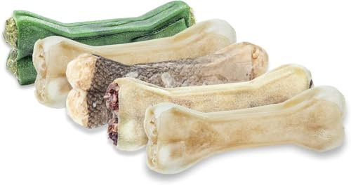 GUSTO PETS Lot de 5 os en cuir séché pour chien de 17 cm – Saveurs : autruche, protéines d'insectes, morue, mouton, sauge – 100 % dentition naturelle, Soutenir la mastication et des dents saines