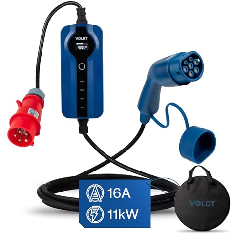 VOLDT typ 2 laddningskabel, 11 kW, elbils-laddare med CEE-kontakt, 8 A – 16 A, trefas, mobil väggbox-laddningsstation med display för elfordon, IP69, TÜV, CE-skyddad bärbar laddare (10 längder)