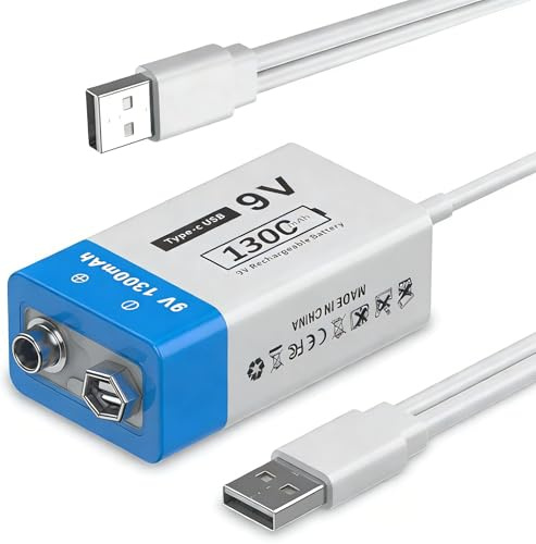 9 V Rechargeable Batteries, 1300 mAh Durable Lithium-Ion Battery, Micro USB Charger with 2-in-1 Charging Cable for Smoke Detector, Alarms, Keyboard, Microphonee