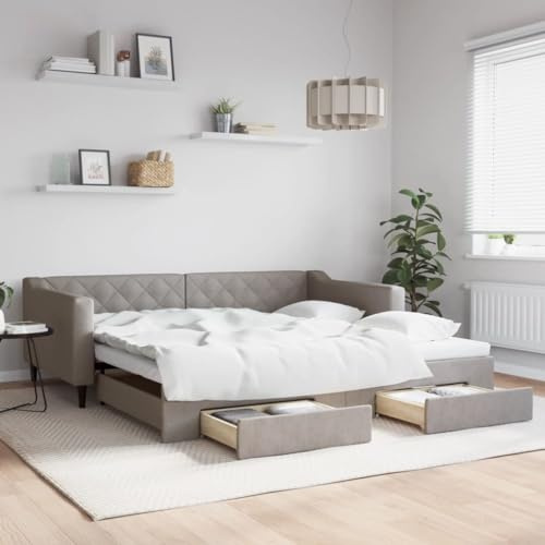 Hoopleep Taupe Fabric Daybädd, utdragbar soffa säng med två förvaringslådor, 100 x 200 cm, mångsidig metall och träram för gästrum, rymdbesparingslösning