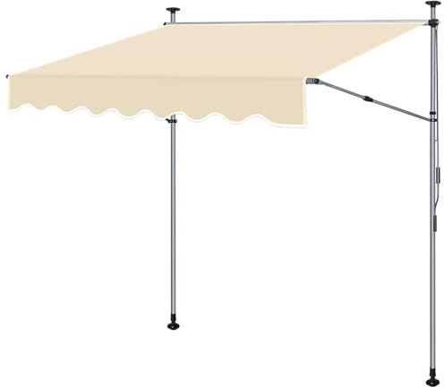 Joparri Toldo de sujeción de 300 cm de ancho con manivela, toldo para balcón sin taladrar, toldo con barras laterales retráctiles extendidas, resistente a los rayos UV, altura regulable, protección