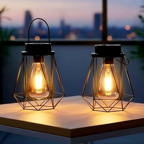 Spetebo Solar Laterne schwarz 18 x 15 cm zum Hängen oder Stellen - 2er Set - Industrial Design Dekoleuchte mit LED Glühbirne warm weiß - Garten Deko Hänge Lampe Solarlampe Gartenleuchte Solarleuchte