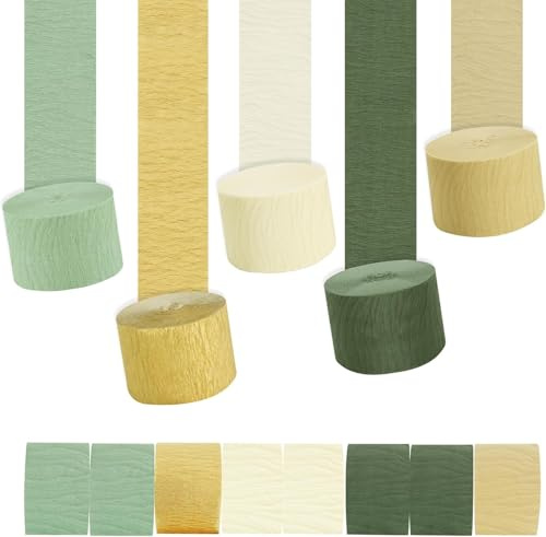 TONIFUL 8 Rollen Reißfestes Krepppapier Luftschlangen Salbeigrün Khaki Gold Boho Party Deko für Hochzeit, Babyparty, Mottoparty Hochzeitsdeko Geburtstagsdeko DIY Bastelpapier - 4,5 cm x 25 m Rolle