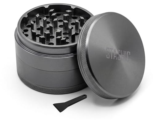 STASHIC 63mm 4 Part Aluminium Grinder - Anodized, Magnetic Lid - SH* | Premium aluminium alloy. Anodized finish. Sharp teeth. Fine mesh screen. Strong magnetic lid. 63mm × 45mm. 4 part.