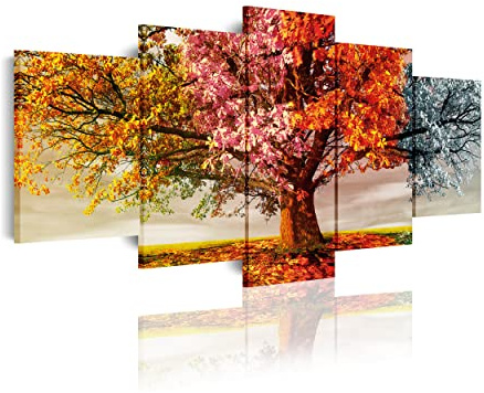 DekoArte 404 - Modernes Bild, digitalisierter Kunstdruck 5 Teile 200x100 cm | Dekoratives Bild für den Salon oder das Schlafzimer |Stil Landschaft Bäume vier Jahreszeiten XXL