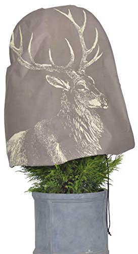 AFP Winterschutz Vlieshaube Hirsch Vintage, Cappuccino, 110 x 110cm, 50g/qm Kübelpflanzensack Gartenvlies atmungsaktiv, Bedruckt/Frostschutz Pflanzen/Gartendeko/Kordel / 2 Jutesäckchen gratis