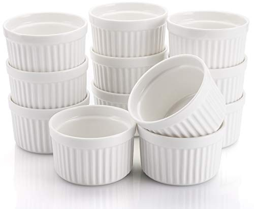 Foraineam Set de 12 piezas Ramekins Juego de utensilios para hornear, 4 oz. Vasos de porcelana blanca para hornear, cocinar, servir y más