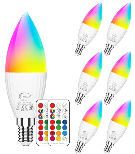 ChangM LED Lampe E14 RGBW 5700K, 6er Set LED Farbwechsel Birne 5 Watt (ersetzt 40W), Dimmbar Farben LED Glühbirne, Farbwechsel Glühbirne mit Fernbedienung | RGB und Kaltes Weiß 5000K