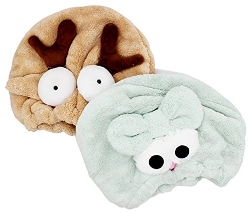 Abcsea 2 Stücke Turban Haartrockentuch, Haarturban Trocknen, Trockenhaube für Haare, Haartrocknungs Handtuch, Haartrockentuch Kinder, Elch und Grüne Elf