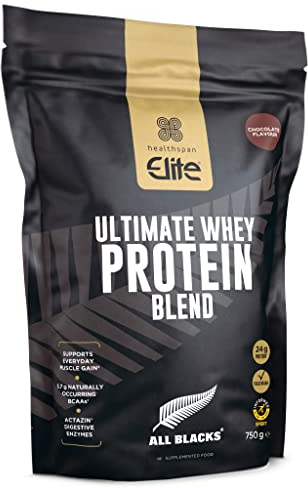 Healthspan Elite All Blacks Ultimate Whey Protein Blend (750g) | Whey Concentrate & Isolate Proteins | 24g Protein Per Serving | Muscle Gain | 5.7g BCAAs | Contains Actazin | Vegetarian (Chocolate)