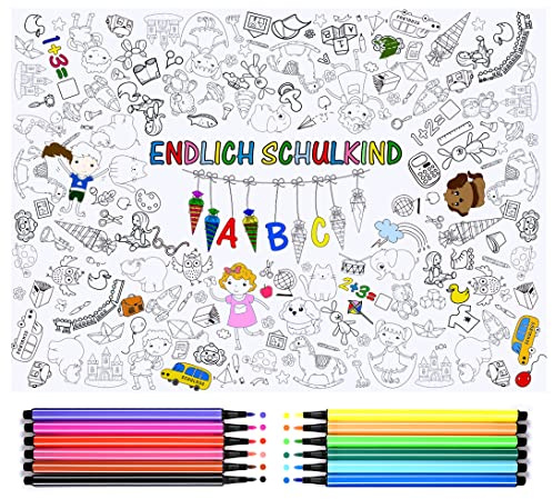 iZoeL Ausmaltischdecke Einschulung + 12 Farbstifte, Papier Tischdecke Ausmalen Schulanfang Schultüte Tiere Motiven, Schulanfang Geschenk Schultüte Füllung für Jungen Mädchen