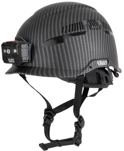 Klein Tools 60517 Safety Helmet, Vented Class C with Rechargeable Lamp and Chin Strap, Premium KARBN Pattern, Adjustable Vents