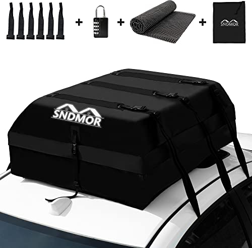 SNDMOR Bolsa de Techo, 595L/21 Pies Cúbicos de Equipaje de Techo Impermeable, Adecuada para Todos Los Vehículos con/Sin Portaequipajes, Incluye Alfombra Antideslizante + 6 Correas de Refuerzo (Negro)