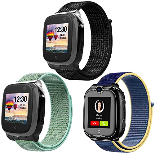 3-Stück Kinder Armbänder für XPLORA X5 / XGO2/XGO3/Kidzi Armband, Kids Smartwatch Weich Sport Nylon Ersatzbänder für X5 Play /XGO2/XGO3/Kidzi , Mädchen Jungen Geschenk, Schwarz+ Eisblau+ Grün