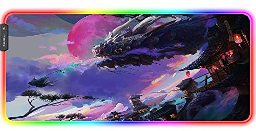 Bimormat Anime RGB Gaming Mauspad,900x400x3mm Groß Mousepad XXL,LED Schreibtischunterlage mit Rutschfester Gummibasis und Haltbaren Genähten Kanten für Personalisierter Gamer(90x40 rgbdragon)