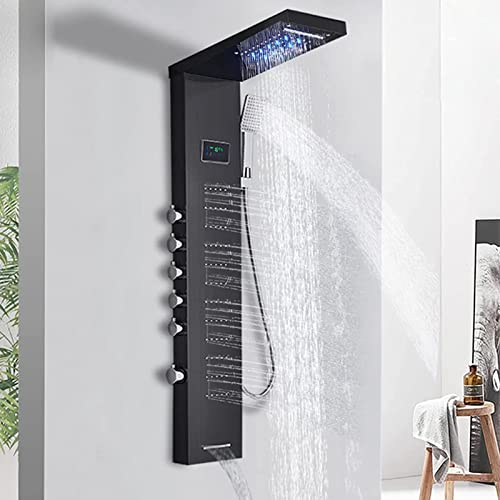 Yalsfowe Duschpaneel mit Temperaturanzeige, LED-Regenfall-Wasserfall-Duschkopf, Massagedüsen, Handbrause, Wanneneinlauf, Duschsäule aus Edelstahl 304 schwarz