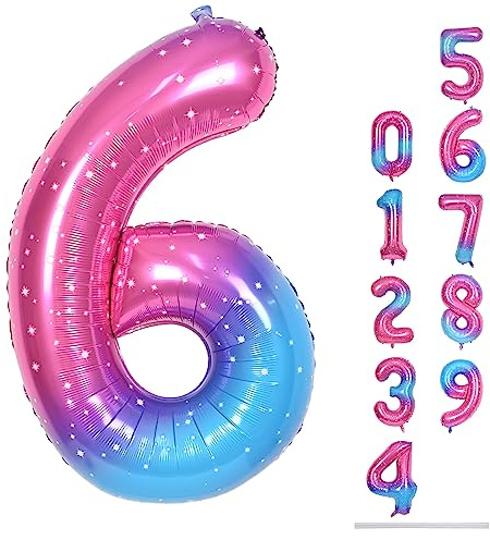 Gradient Blue Pink Number Balloons, 40 Large Rainbow Number 6 Foil Mylar Helium Balloon for Girls Women, Colorful Starry Self Inflating Numbers 6 Balloon 0-9 for Birthday Party Celebration Decoration