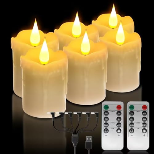 6PCS Echtes Wachs Wiederaufladbare Flameless Warm White LED Kerzen, 3D Dochte und Fernbedienung, Helligkeit einstellbar Flackern USB-kabel Teelichter mit Timer, für Weihnachten, Hochzeit, Home Decor