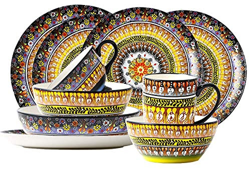 OrLtL Juegos de vajilla de Porcelana, Juego Combinado de vajilla Bohemia | 10 Platos / 2 tazones / 4 Tazas / 4 Tazas - Vajillas de cerámica exótica