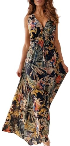 Yutdeng Vestido Largo Verano Mujer Vestido Boho Cuello V sin Mangas Estampado Floral Vestidos Playeros Vestido Tirantes Vestido Casual Elegantes Vestidos de Verano Mujer Fresco,Negro,XXL