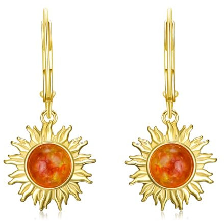 Sonnenohrringe für Damen, 925er Sterlingsilber, goldene Sonnentropfen-Ohrringe mit Bernsteineinlage, himmlischer Schmuck, Geschenk für Frauen