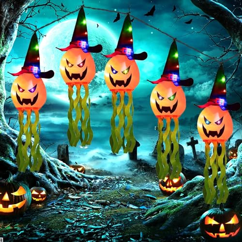 Halloween Deko Outdoor Kürbis Innen Garten Pumpkin Gruselig Horror Herbstdeko Set Kürbisse Party Draußen Zierkürbisse Halloweendeko Kürbisdeko Gartendeko zum Aufhängen Hängende (5pcs)