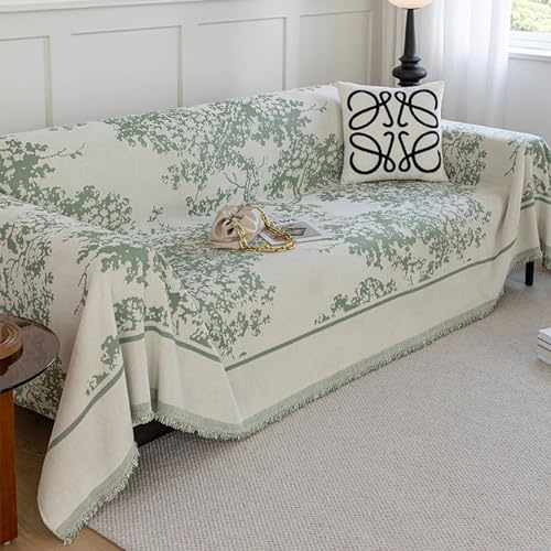 AMDXD Sofaüberwürfe, Baum Muster mit Quaste Sofabezug 4 Sitzer, Waschbarer, Kratzfester rutschfest Sofaschoner in Chenille Anti-Rutsch-Couch - 180x420CM, Hellgrün