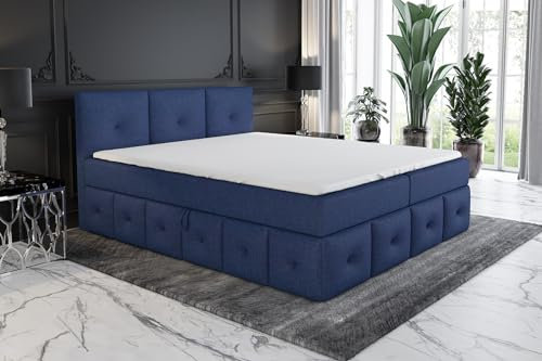 A&J MöbelLand Boxspringbett 140x200 mit Bettkasten und Lattenrost – Bolli, Bett mit Matratze und Stauraum in Kobalt 80