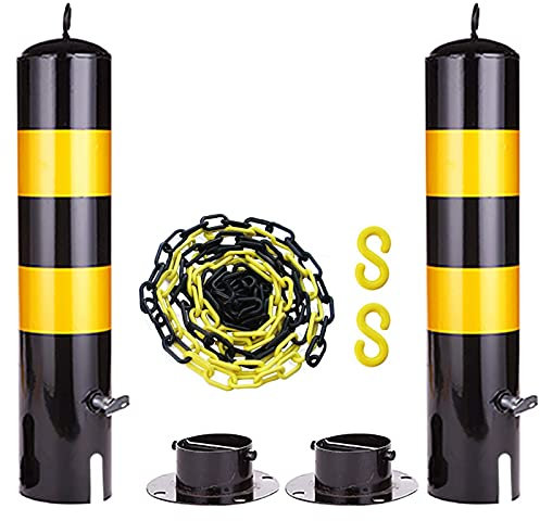 ASerZenith 2 Stück Sicherheitsstange und Absperrkette, 5 m Set, Metallpfosten und Kunststoffkette, Parkplatzsperren mit Aufhängering und beweglicher Basis