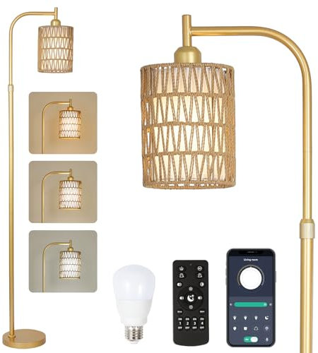 Rayofly Lampadaire à Intensité Variable en Rotin Doré avec Télécommande, Contrôle App, Abat-jour en Rotin et Lin pour Salon, Chambre à Coucher