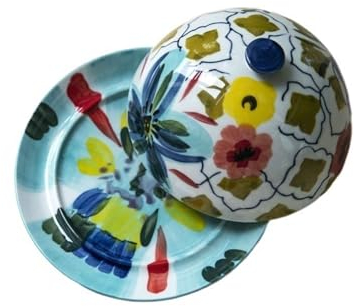 SDA287MZ Mantequillera Hermoso Plato de Mantequilla de cerámica Pintado a Mano con Tapa, contenedor de Mantequilla, Bandeja de Almacenamiento Redonda, Plato de Regalo Mantequera