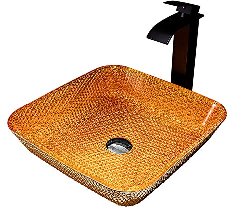 CLRAWSHB Badezimmer-Waschbecken, Glas-Waschbecken, quadratisches Waschbecken auf der Arbeitsplatte, Schüssel über dem Waschbecken, Kunstwaschbecken mit Wasserfall-Wasserhahn und Pop-Up-Ablauf