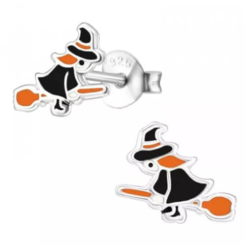 Zenvie Hexen-Ohrstecker, 925er Sterlingsilber, Halloween | 925er Sterlingsilber, 9x7 mm, nickelfrei, Geschenkbox, hexe auf dem besen