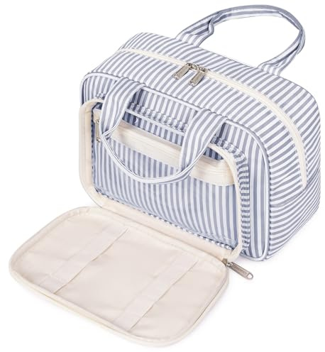 Narwey Full Size Toiletry Bag Large Wash Bag Makeup Bag Travel Organizer Cosmetic Bag for Women (Greyish Blue Stripe)