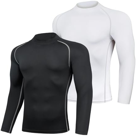 AMZSPORT Herr 2-pack kompressionströja långärmad funktionell skjorta snabbtorkande löpartröja andningsaktiv sportskjorta för män, Mock Neck svart vit, L