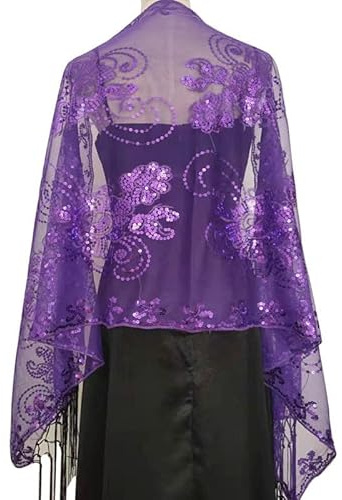DyLyz Damen Bolero Lila elegant glänzende Pailletten Schal Wickeltuch leicht funkelnd Blumenstickerei Bolero Überzug Netzstoff Cape Schal für Abendkleider Partys