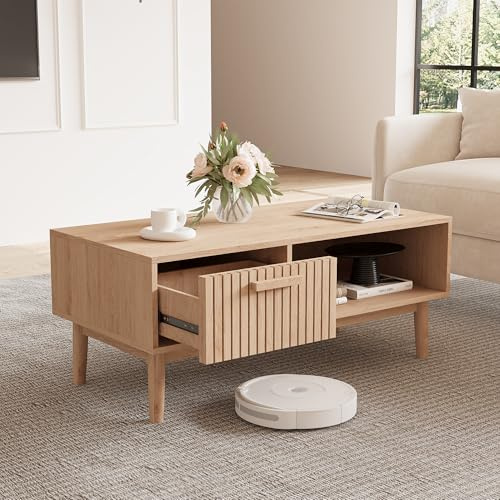 Teahutty Rattan-Couchtisch, 100 cm, moderner Couchtisch mit Aufbewahrungsschublade, Boho-Esstisch, rechteckiger Holzakzent, Sofatisch für Wohnzimmer, Wohnung