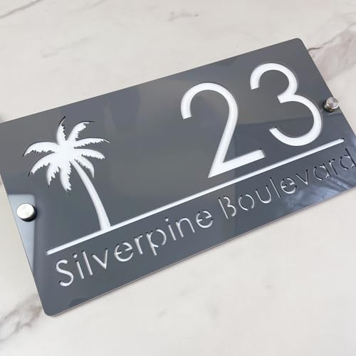 Plaque d'adresse personnalisée - Numéro de maison 3D en acrylique découpé au laser - Design moderne avec effet flottant et arbre de vie - Panneau extérieur pour maison, hôtel et appartement - Gris