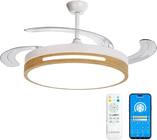 Casa Shop Ventilador de Techo con Luz de 66W y Aspas Retráctiles, 2880LM y Mando a Distancia, motor DC, 6 velocidades, Silencioso, 3 Aspas desplegables (Madera)