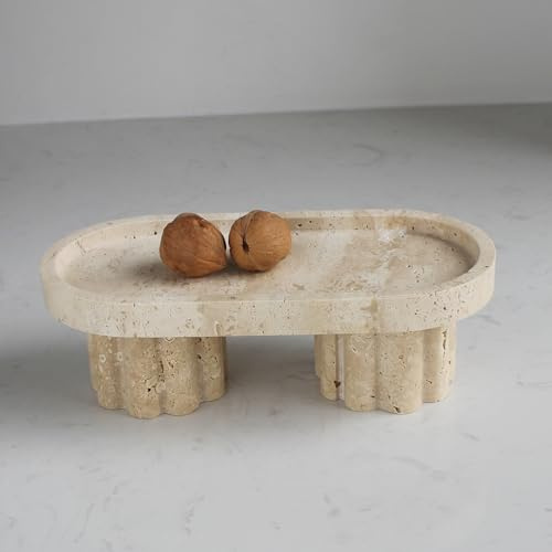 Plateau ovale en travertin naturel avec 2 pieds de 25 cm, plateau décoratif pour plan de travail, plateau pour parfum, bougies, bijoux