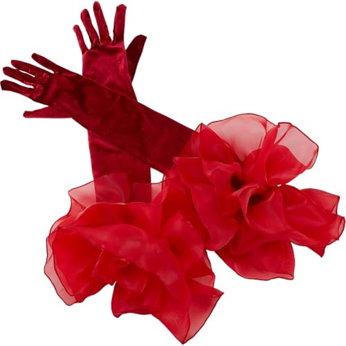 CABODYALS Opern-Party-Handschuhe, lang, Vintage, weicher Satin, Samt, Kostüm, formell mit Polyester-Rüschen, Tüllmanschette, Ellenbogenlänge, Armstulpen, Handschuh für Damen, Mädchen, Abschlussball