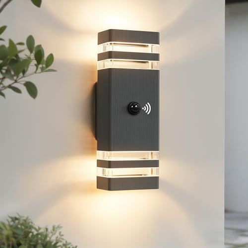 JNR Außenlampe mit Bewegungsmelder, GU10 LED Aussenlampe Anthrazit Grau | Außenleuchte mit PIR Bewegungsmelder, IP54 Wasserdichte 230V Aluminium Aussenlampe, 2x5W GU10 3000K LED Glühbirne